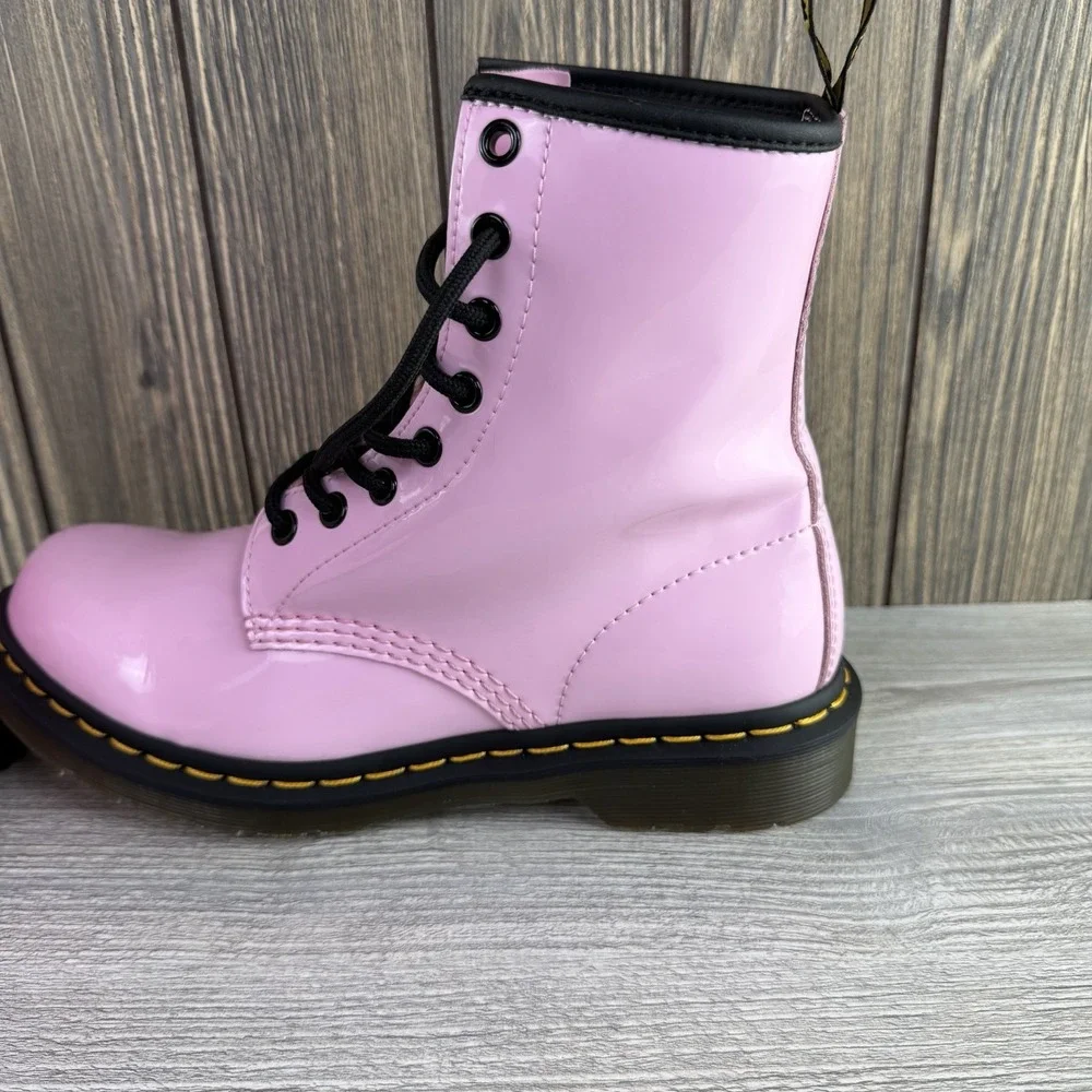 Dr Doc Martens Pink Black Combat Boots Barbie Patent Leather Women Size 7